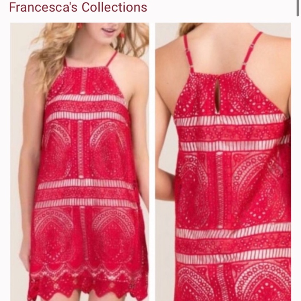 Red Crochet Overlay Halter Dress